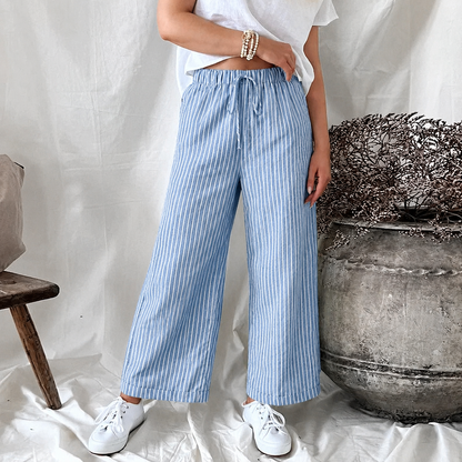Dames Linnen Broek met Grote Broekzakken Blauw