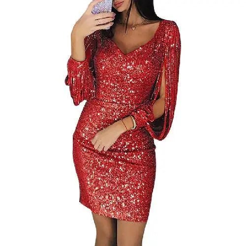 Dames Feestjurk met Glitter en Getailleerd Silhouet Rood