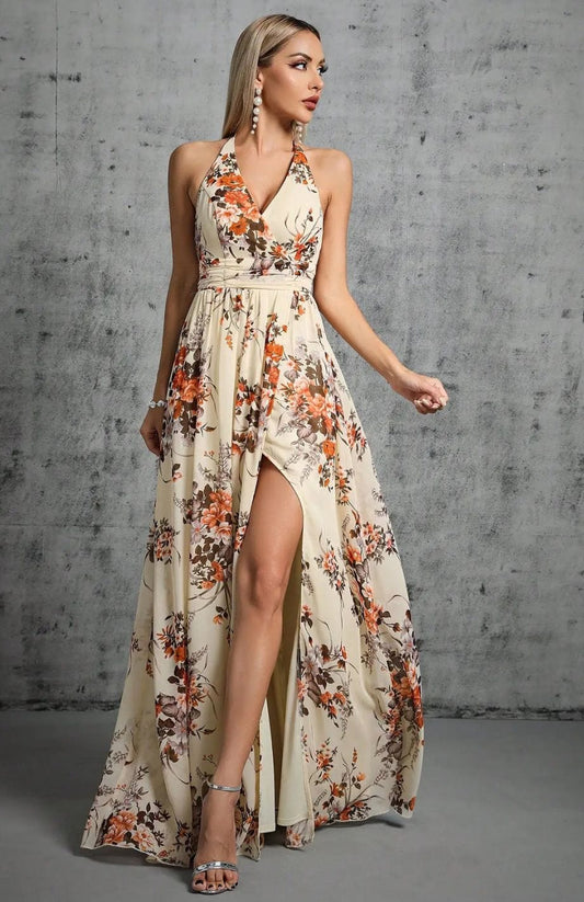 Dames Lange Avondjurk met Spaghetti Bandjes Beige
