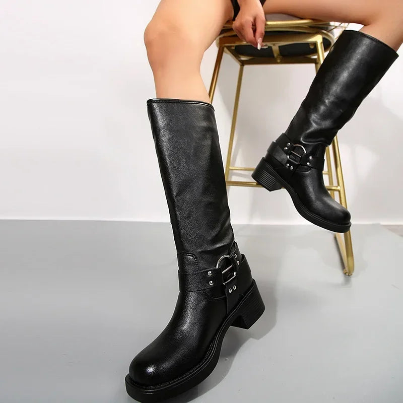 Dames Biker Boots met Chunky Hak en Gespen