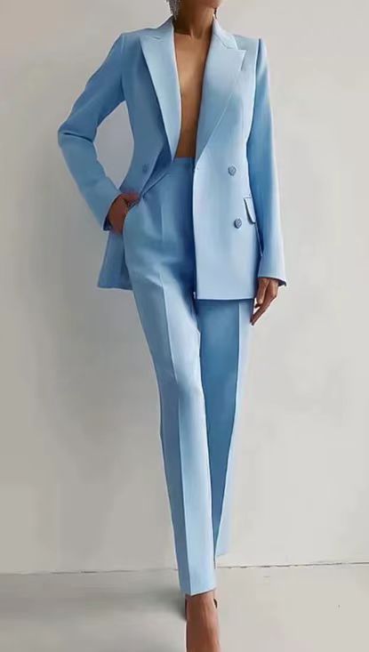 Dames Blazer en Broek Set met Regular Pasvorm Lichtblauw