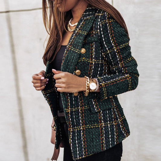 Dames Blazer met Geruit Patroon en Getailleerd Silhouet Donkergroen