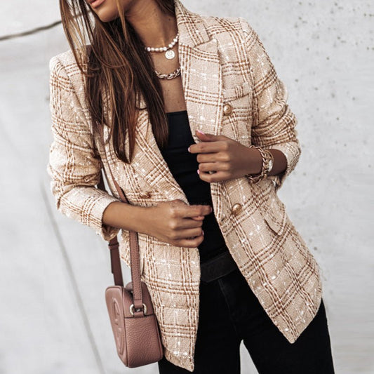 Dames Blazer met Geruit Patroon en Getailleerd Silhouet Khaki