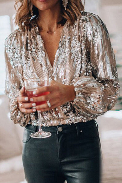 Dames Glanzende Sequin Blouse Zilver