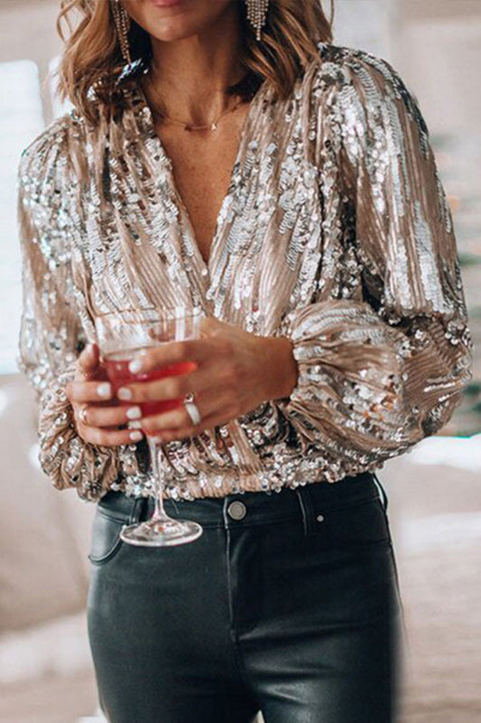 Dames Glanzende Sequin Blouse Zilver