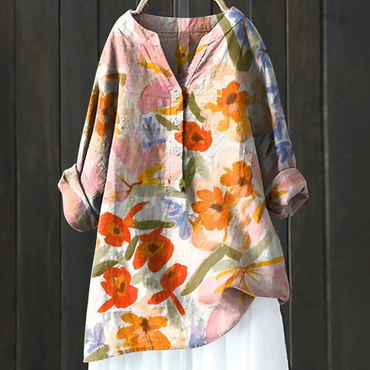 Dames Blouse met Bloemenprint en V-hals Oranje
