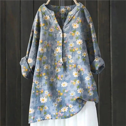 Dames Blouse met Bloemenprint en V-hals Blauw