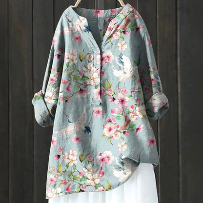 Dames Blouse met Bloemenprint en V-hals Lichtblauw