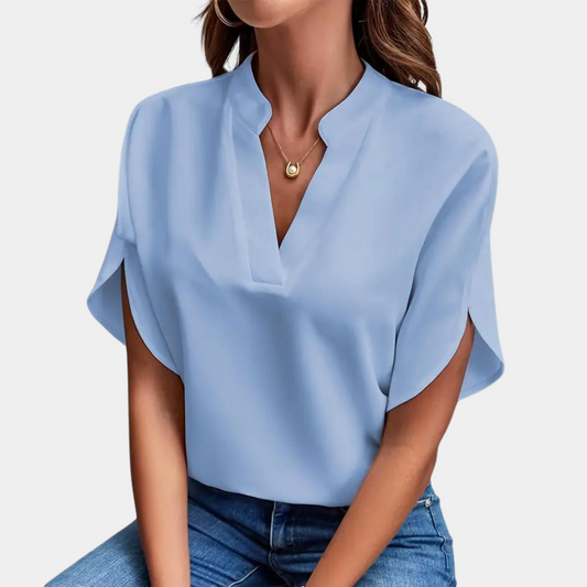 Dames Blouse met Korte Mouwen en V-hals Lichtblauw
