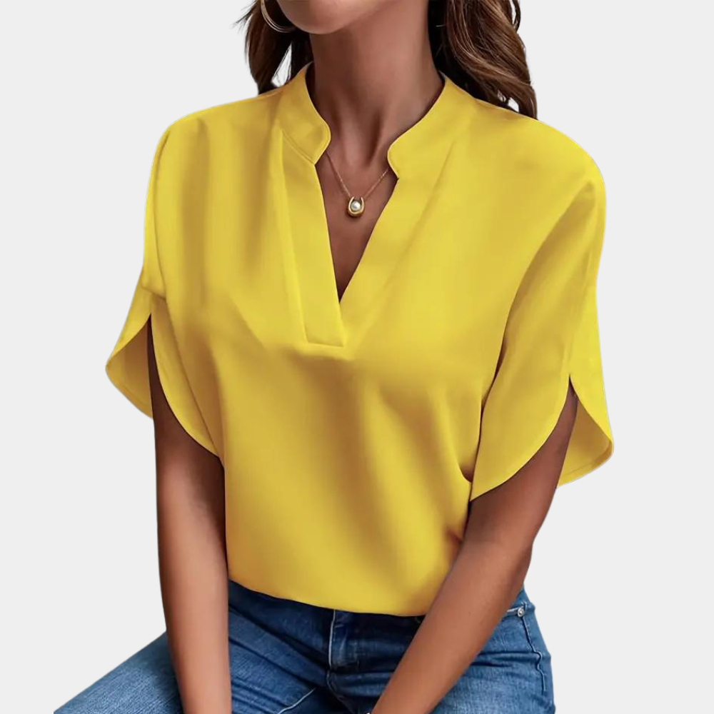 Dames Blouse met Korte Mouwen en V-hals Geel