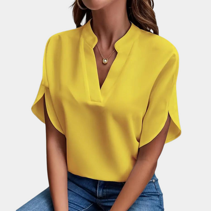Dames Blouse met Korte Mouwen en V-hals Geel