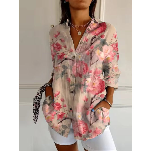 Dames Blouse met Lange Mouwen en Bloemenprint Roze