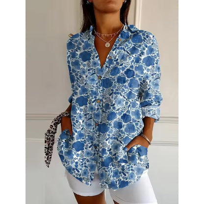 Dames Blouse met Lange Mouwen en Bloemenprint Blauw