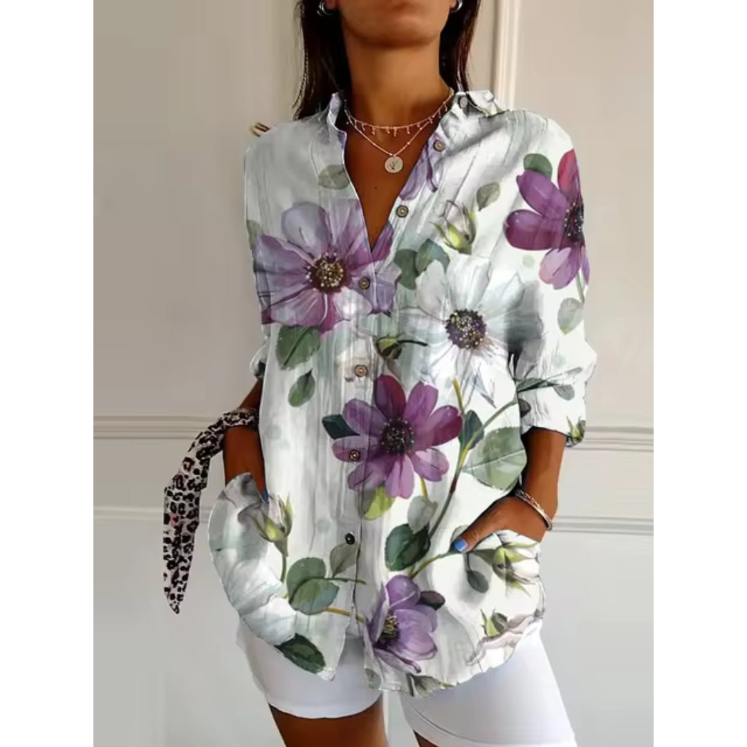 Dames Blouse met Lange Mouwen en Bloemenprint Paars