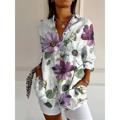 Dames Blouse met Lange Mouwen en Bloemenprint Paars