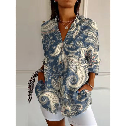 Dames Blouse met Lange Mouwen en Bloemenprint Donkerblauw