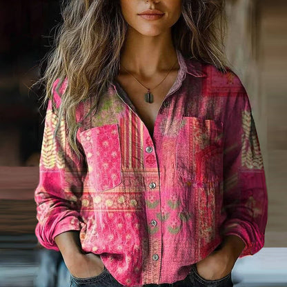 Dames Blouse met Reverskraag en Losse Pasvorm Bohemian Stijl Roze