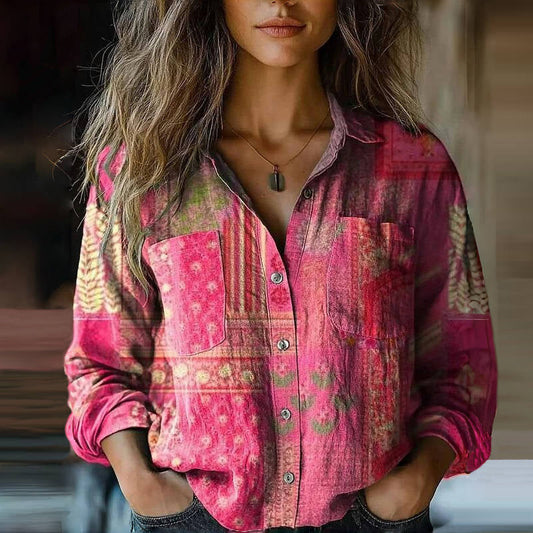 Dames Blouse met Reverskraag en Losse Pasvorm Bohemian Stijl Roze