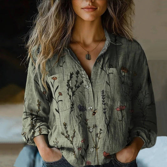 Dames Blouse met Reverskraag en Losse Pasvorm Bohemian Stijl Groen