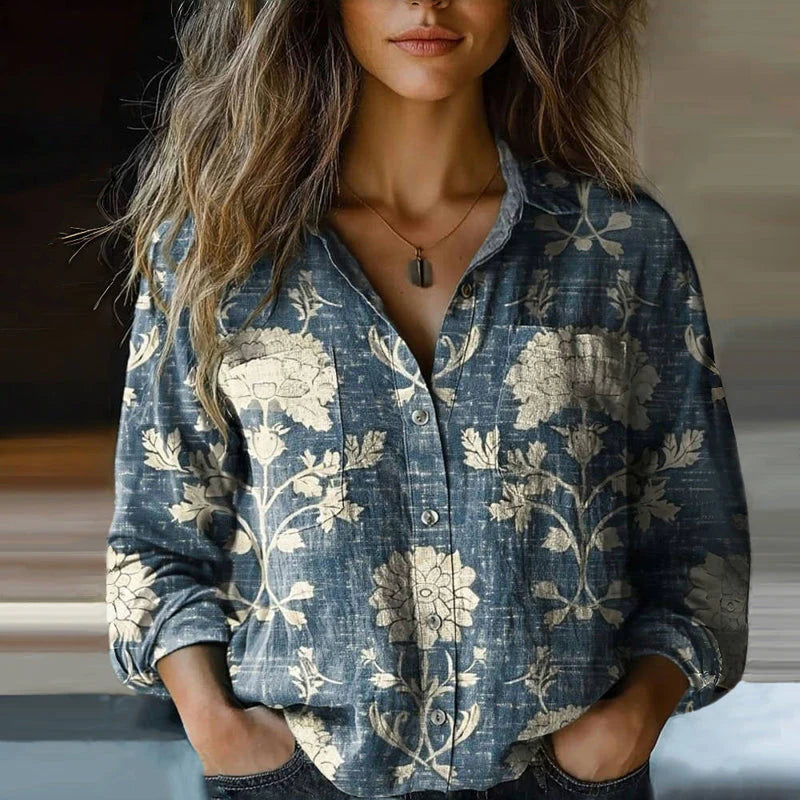 Dames Blouse met Reverskraag en Losse Pasvorm Bohemian Stijl Blauw