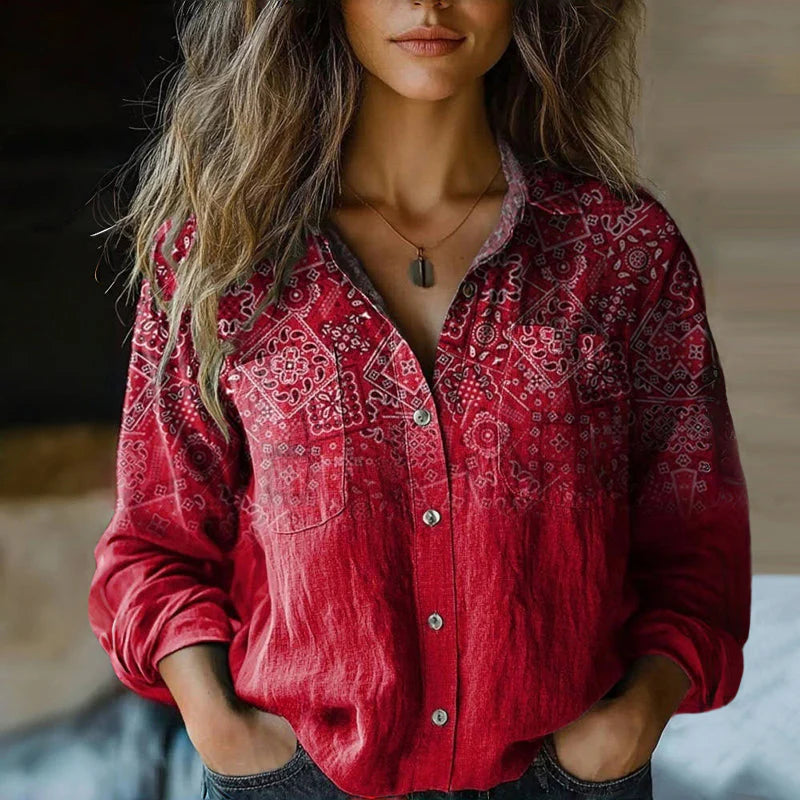Dames Blouse met Reverskraag en Losse Pasvorm Bohemian Stijl Rood