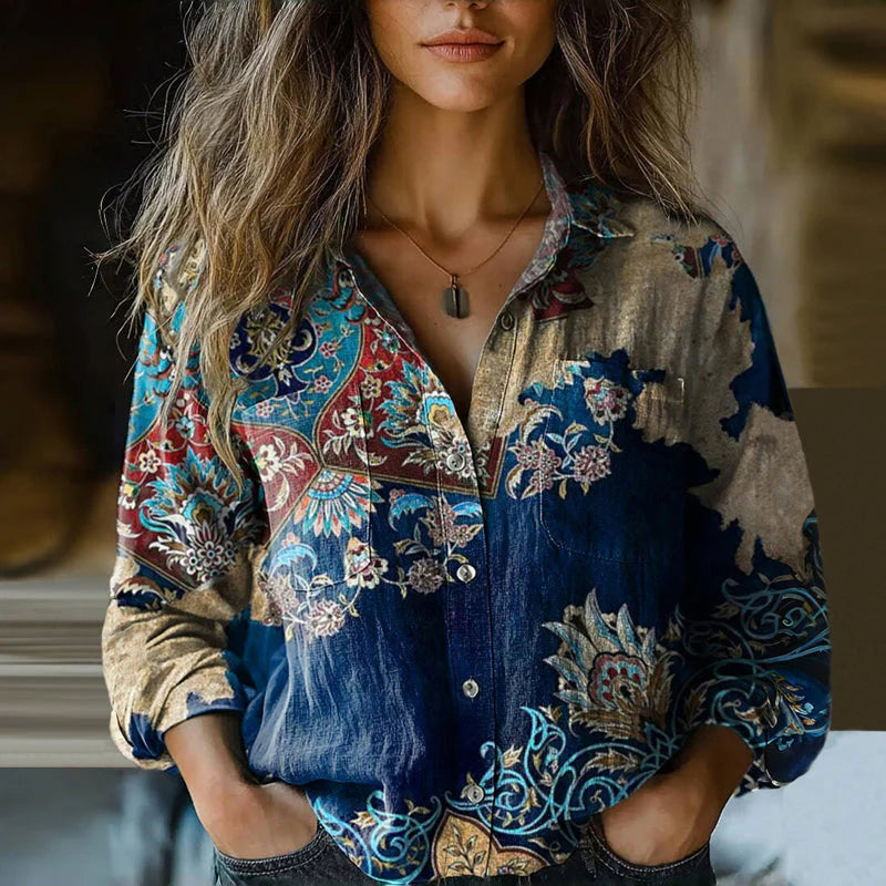 Dames Blouse met Reverskraag en Losse Pasvorm Bohemian Stijl Donkerblauw