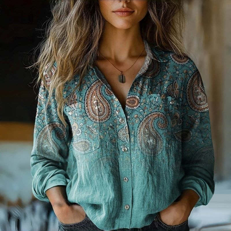 Dames Blouse met Reverskraag en Losse Pasvorm Bohemian Stijl Lichtblauw