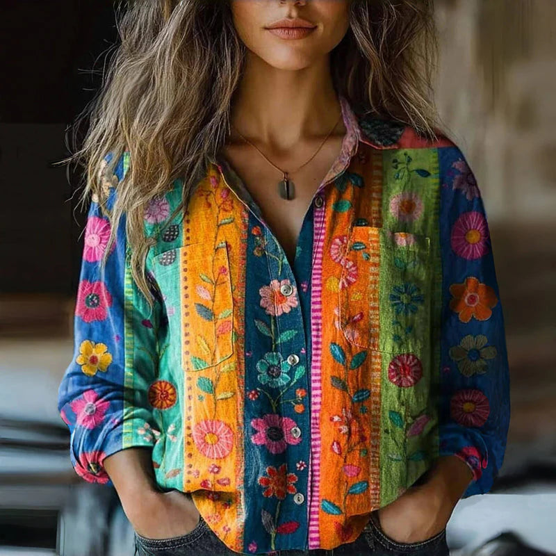 Dames Blouse met Reverskraag en Losse Pasvorm Bohemian Stijl Oranje