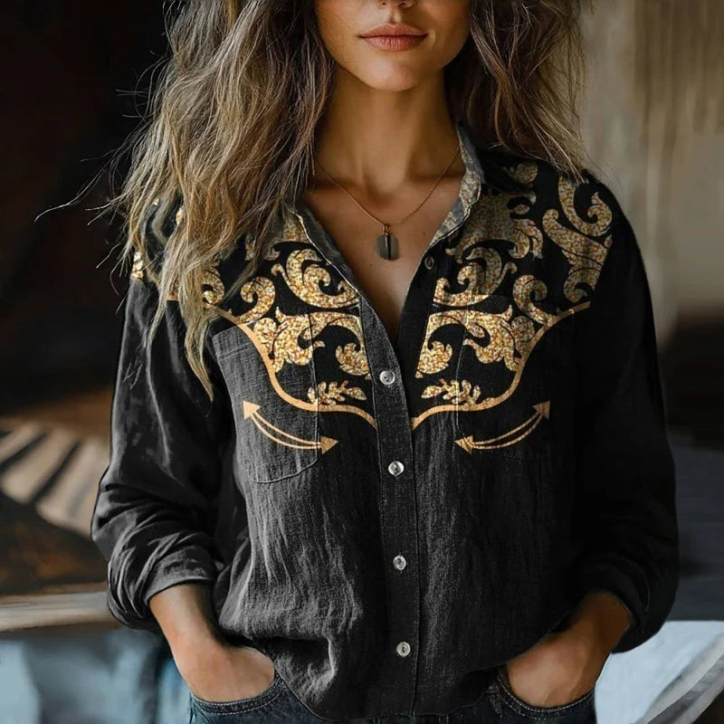 Dames Blouse met Reverskraag en Losse Pasvorm Bohemian Stijl Zwart