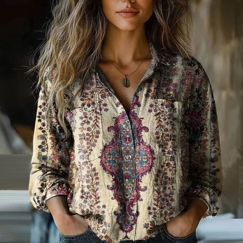 Dames Blouse met Reverskraag en Losse Pasvorm Bohemian Stijl Beige