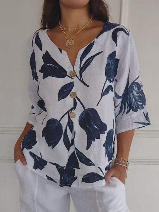Dames Blouse met V-hals, Halve Mouwen en Bloemenprint Wit