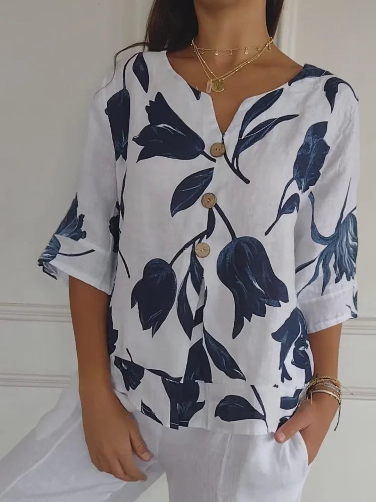 Dames Blouse met V-hals, Halve Mouwen en Bloemenprint