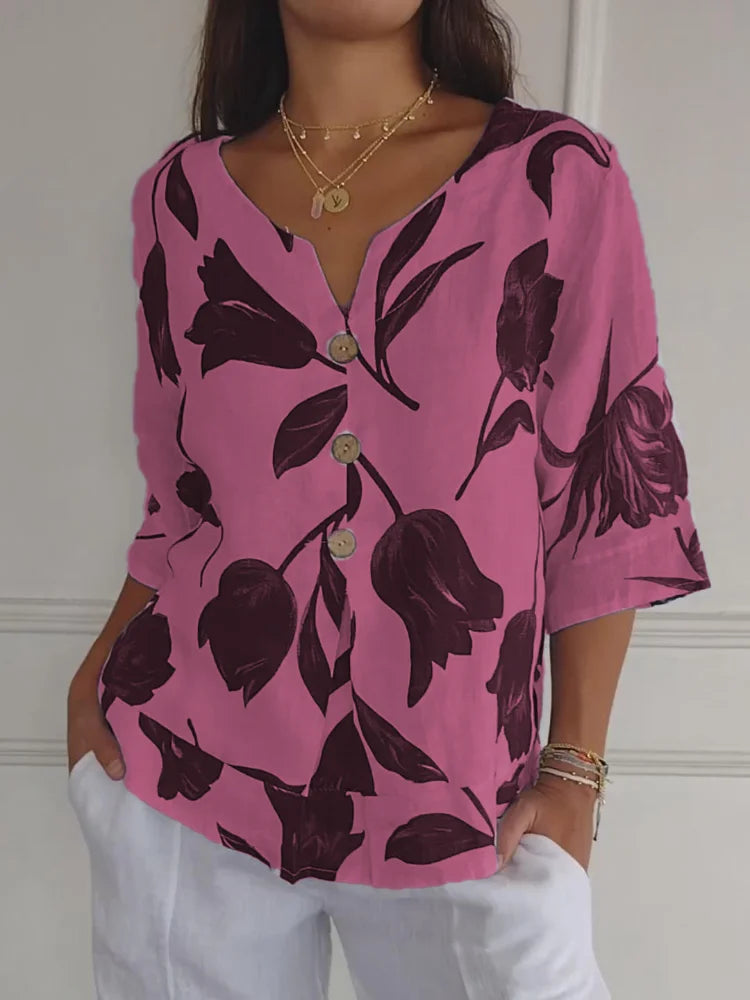 Dames Blouse met V-hals, Halve Mouwen en Bloemenprint Roze