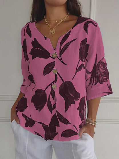 Dames Blouse met V-hals, Halve Mouwen en Bloemenprint Roze