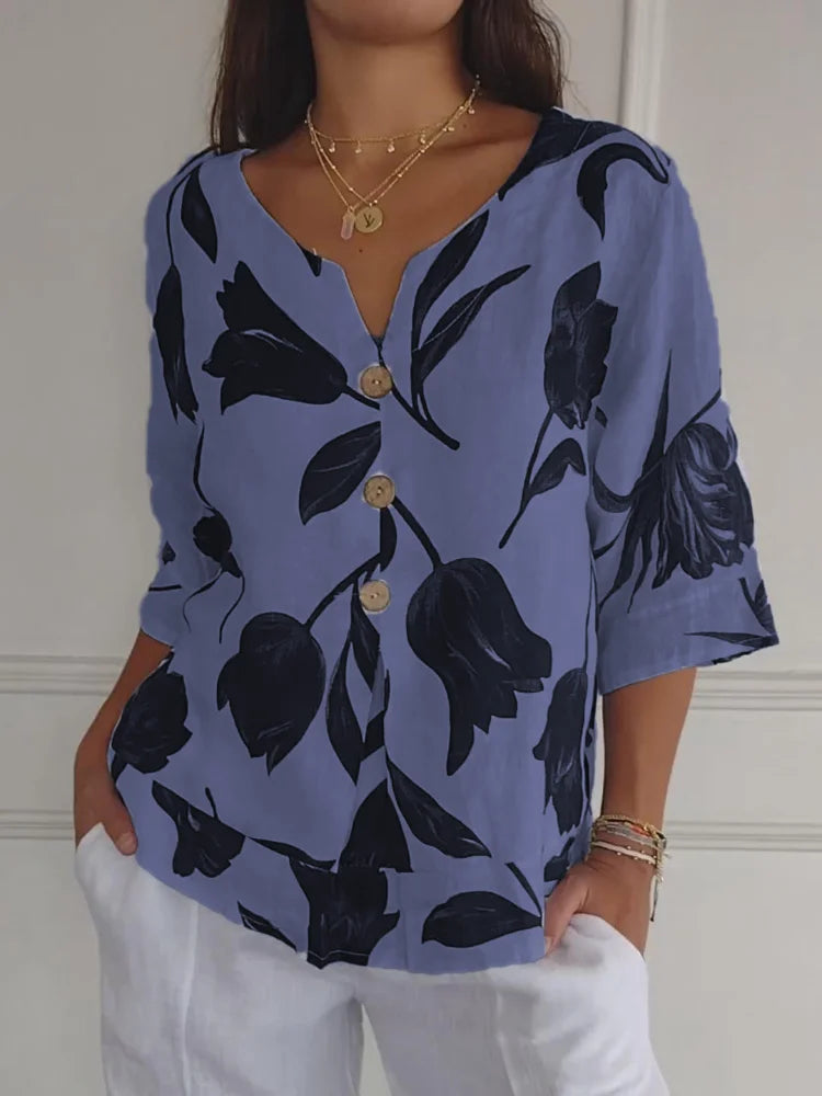 Dames Blouse met V-hals, Halve Mouwen en Bloemenprint Blauw