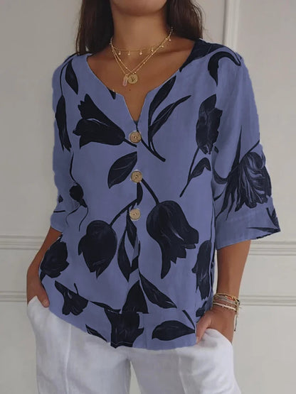 Dames Blouse met V-hals, Halve Mouwen en Bloemenprint Blauw
