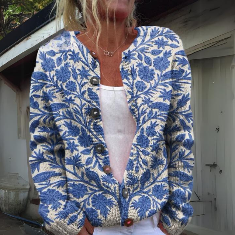 Dames Cardigan met Trendy bloemenprint en Knoopsluiting Blauw