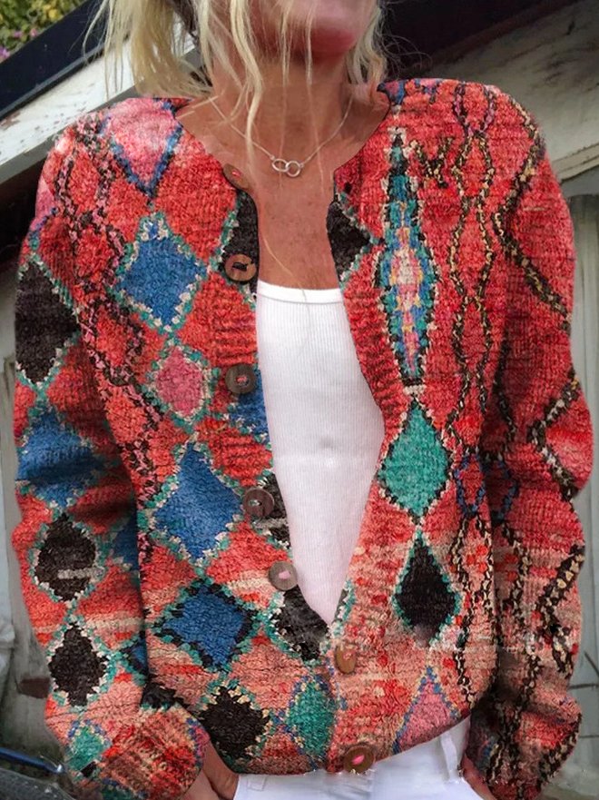 Dames Cardigan met Trendy bloemenprint en Knoopsluiting Rood