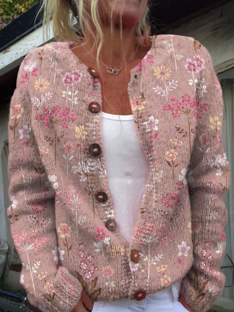 Dames Cardigan met Trendy bloemenprint en Knoopsluiting Roze