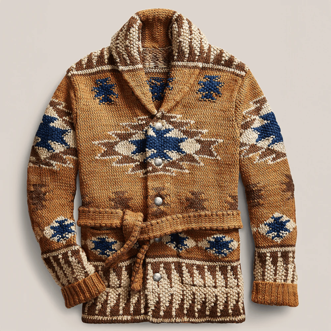 Heren Gebreide Cardigan met Jacquardpatroon en Sjaalkraag Lichtbruin