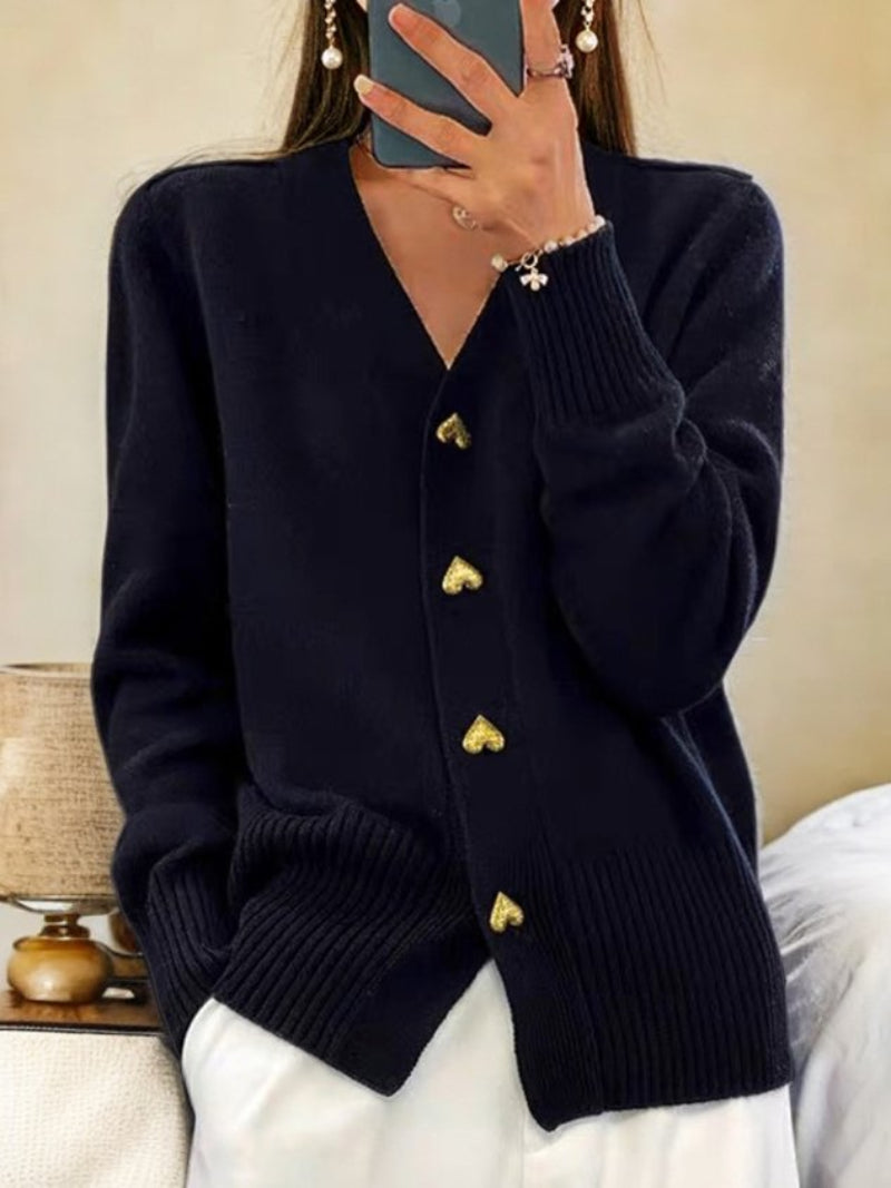 Dames Gebreide Cardigan met V-hals en Gouden Knopen Zwart