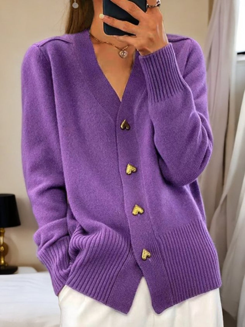 Dames Gebreide Cardigan met V-hals en Gouden Knopen Paars