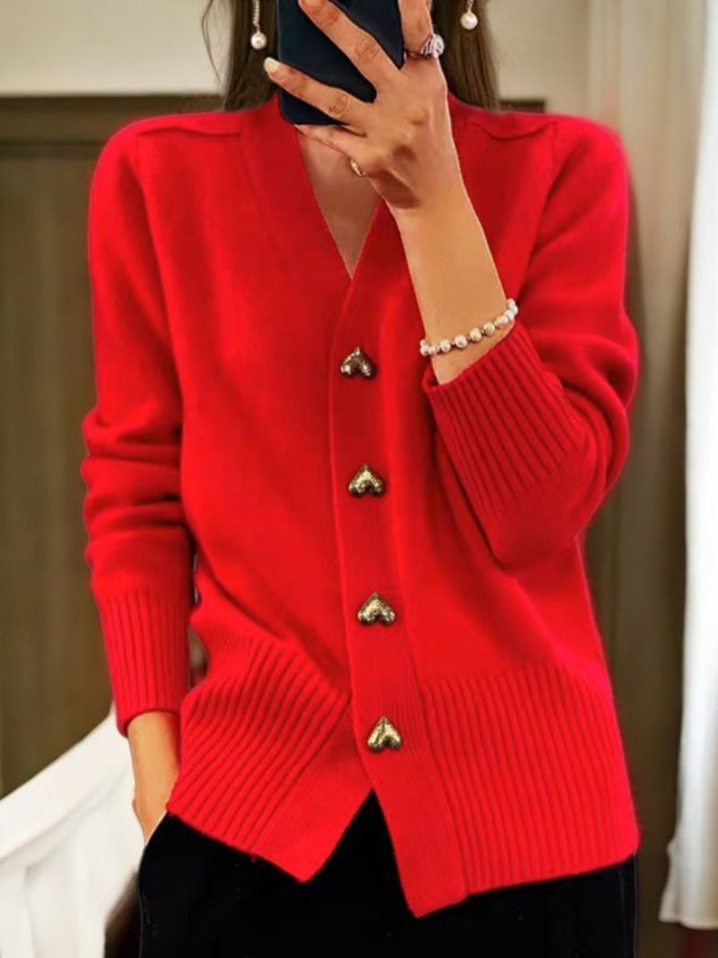 Dames Gebreide Cardigan met V-hals en Gouden Knopen Rood