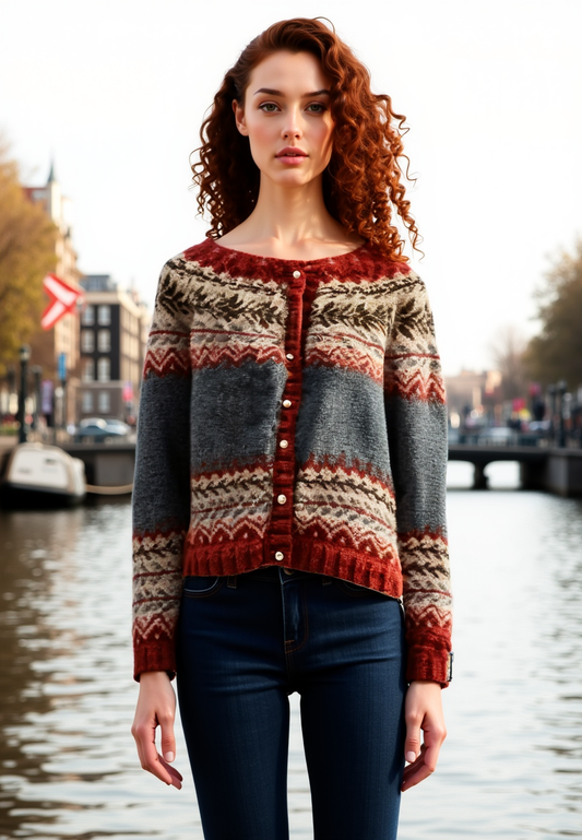 Dames Cardigan Gebreid met V-hals en Noors Patroon en Parelknopen Grijs Donkerrood