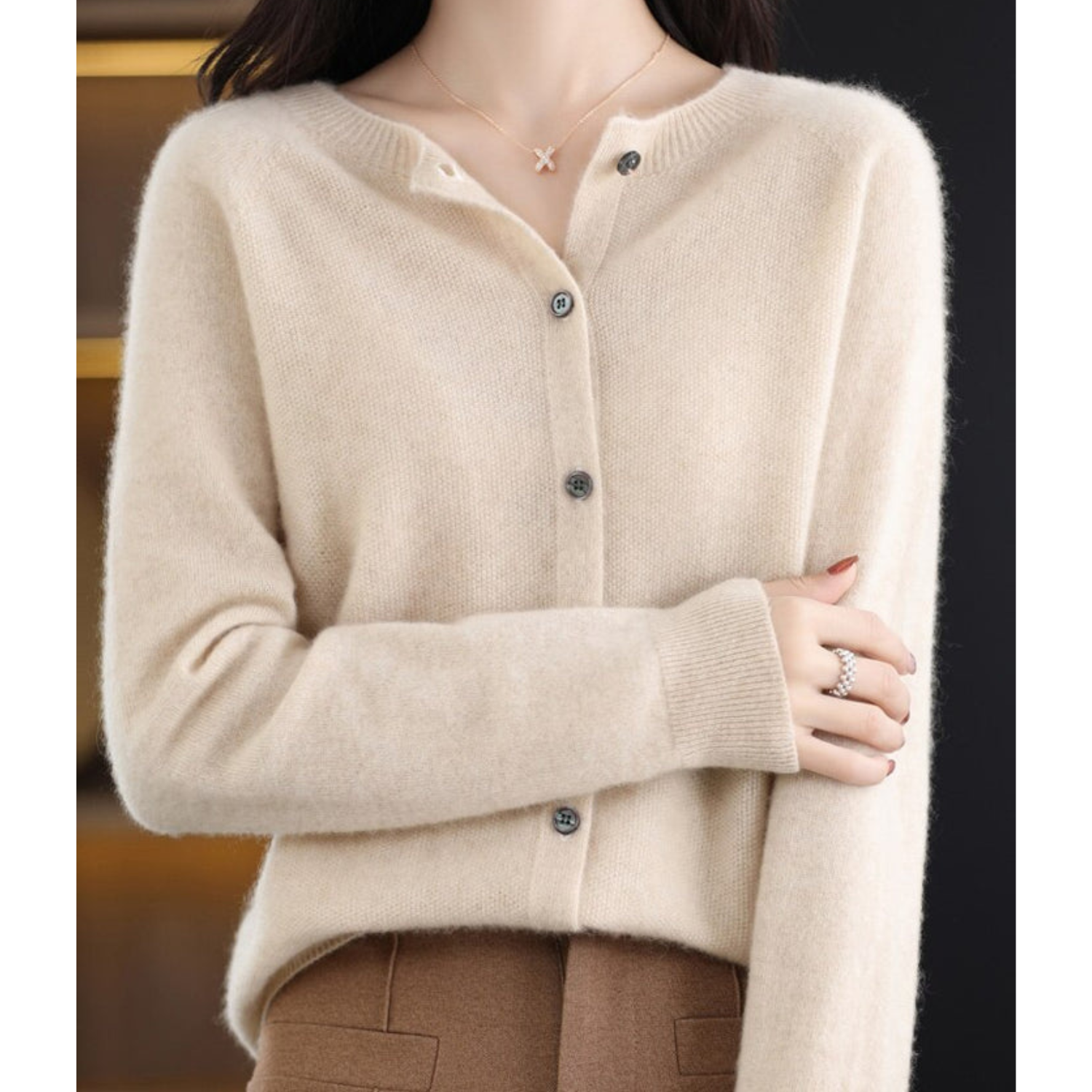Dames Cardigan met O-hals en Lange Mouwen Khaki