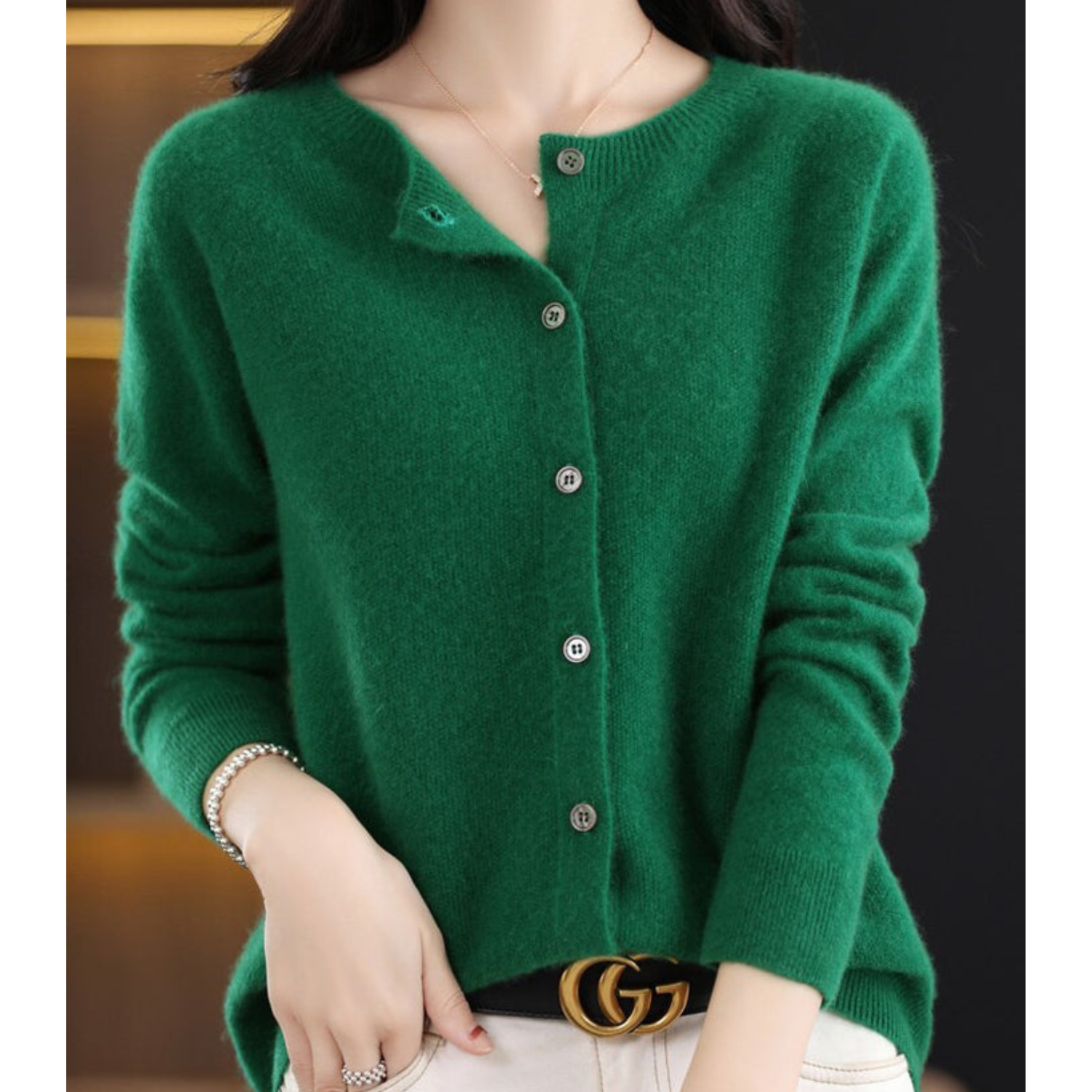 Dames Cardigan met O-hals en Lange Mouwen Donkergroen