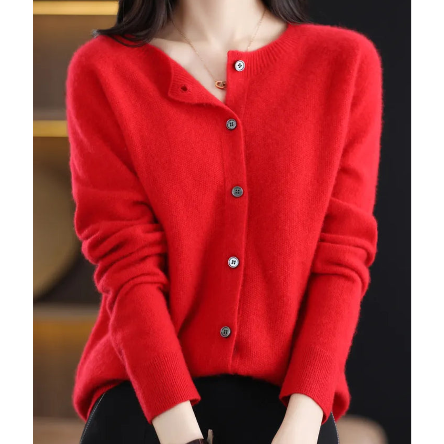 Dames Cardigan met O-hals en Lange Mouwen Rood