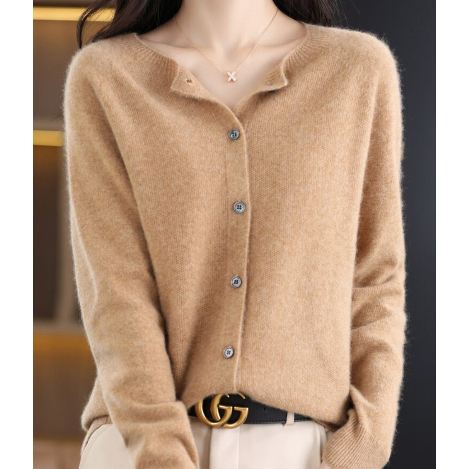 Dames Cardigan met O-hals en Lange Mouwen Lichtbruin
