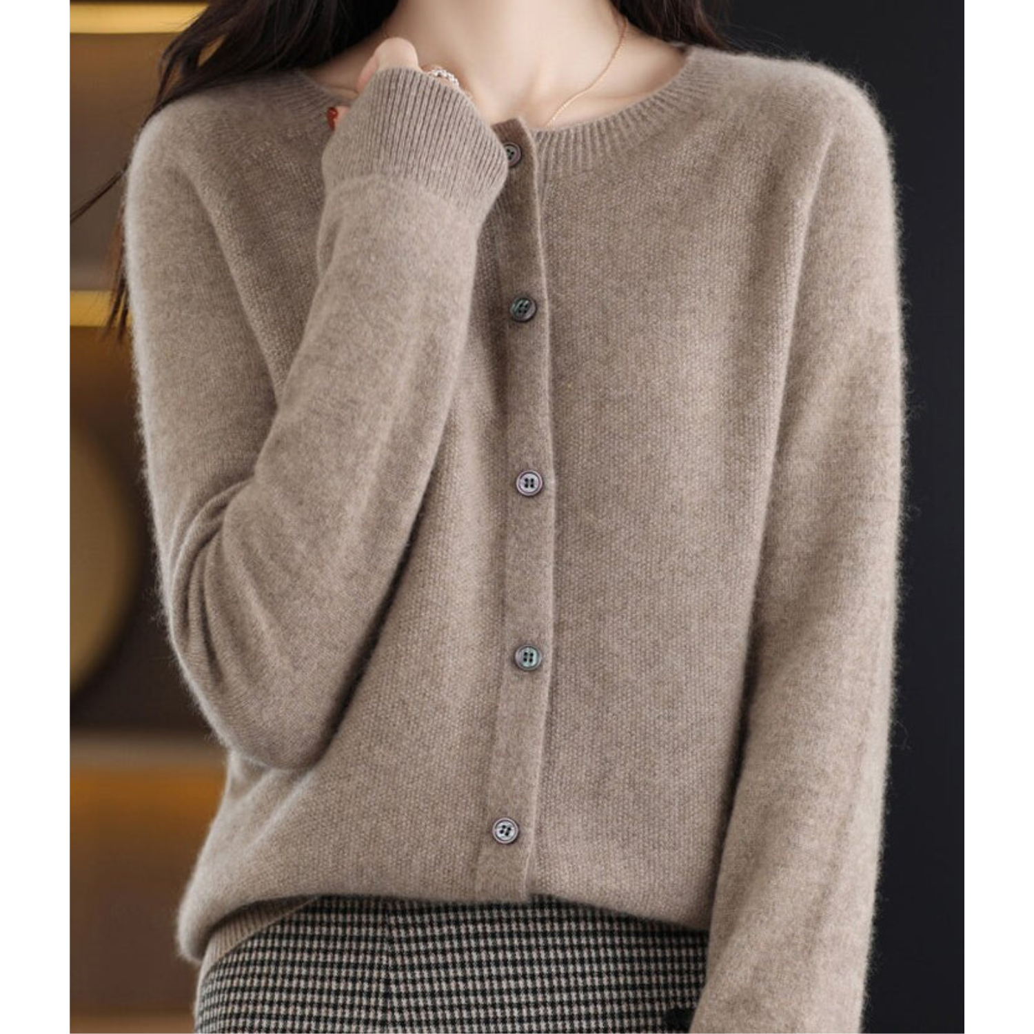 Dames Cardigan met O-hals en Lange Mouwen Bruin
