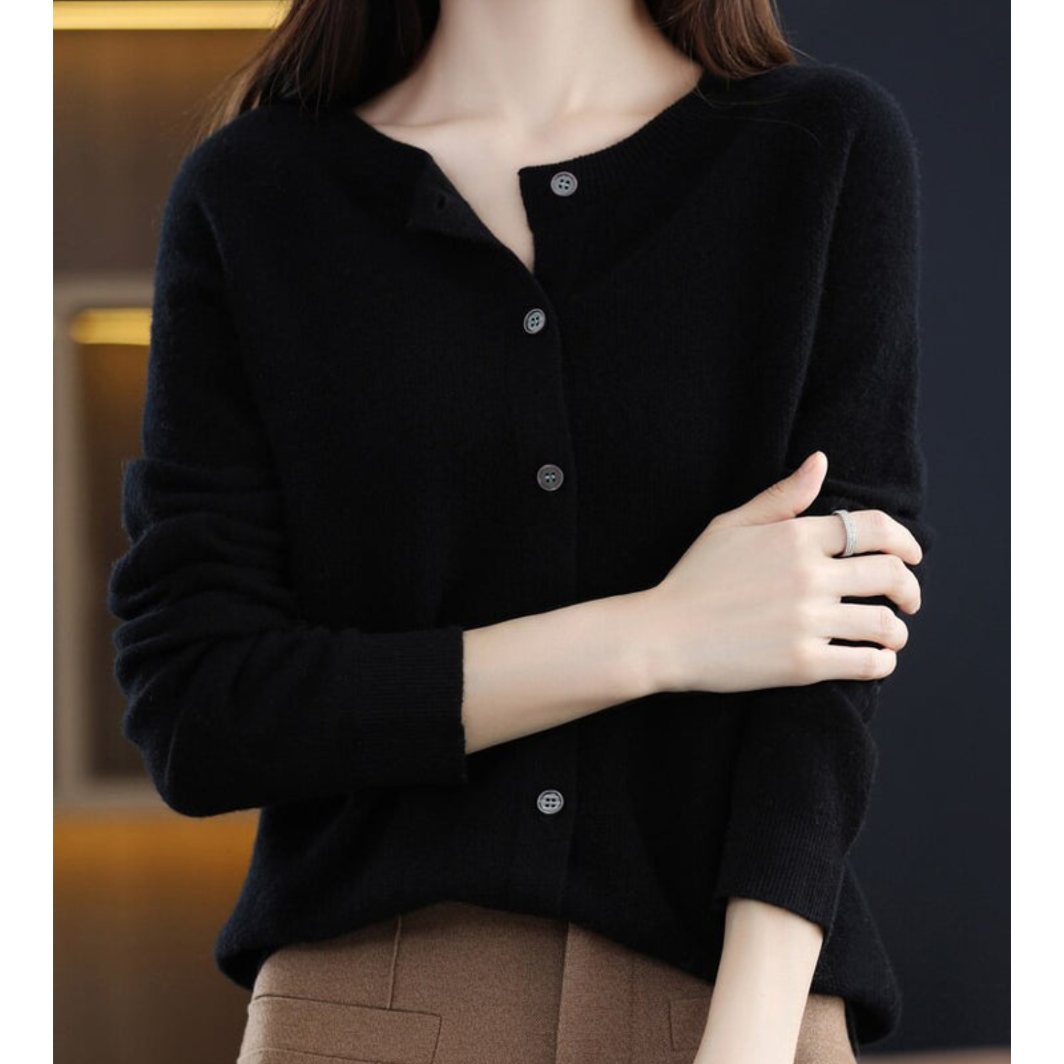 Dames Cardigan met O-hals en Lange Mouwen Zwart
